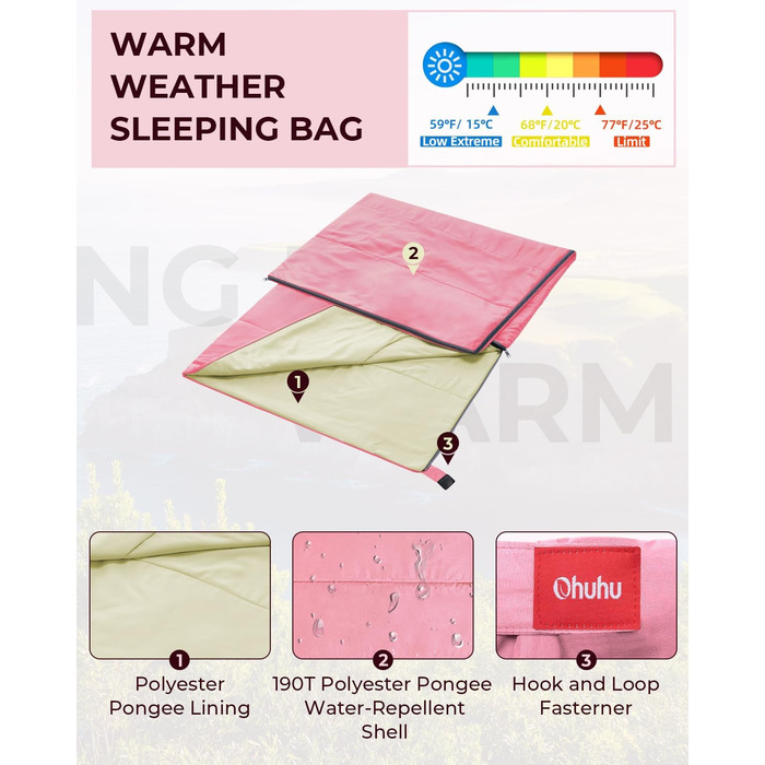 Ohuhu Lightweight Sleeping Bag - Compact & Ultralight (900g) Summer Sleeping Bag for Camping, Travel, Festivals (Pink)
