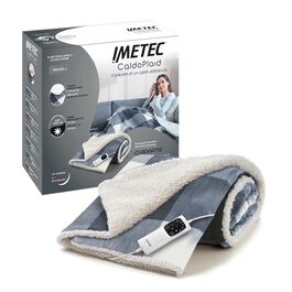 Електрична ковдра Imetec Adapto Tartan Festival, 160x120 см, тепла та затишна, 6 температур, миттєвий нагрів, безпечна, з технологією Adapto, сірий візерунок в клітинку