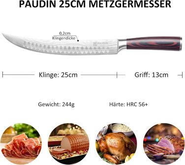 Ніж для м'яса Paudin 30 см: ніж для шинки, тріанжування, лосося, шаурми. З нержавіючої сталі з ергономічною дерев'яною ручкою