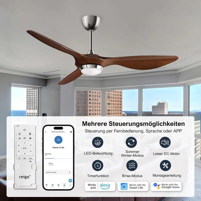 Стеляний вентилятор Reiga 132 см з LED-підсвічуванням та пультом керування, тихий реверсивний DC мотор, 6 швидкостей, керування через додаток, колір коричневий, лопаті з імітацією дерева