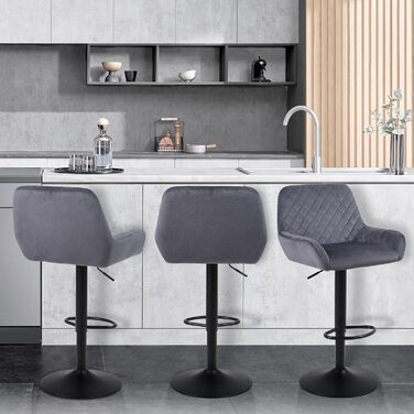 Ralex Velvet Bar Stools 2-Pack - Adjustable Swivel Bar Chairs with Backrest & Armrests for Kitchen, Bar & Counter (Gray)