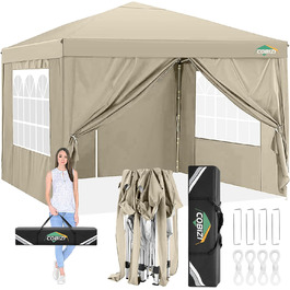 COBIZI Gazebo 3x3 Waterproof Folding Gazebo with 4 Side Walls Outdoor Folding Gazebo Stable UV Protection 50+ Pop-Up Garden Gazebo Party Tent for Outdoors, Garden, Party, Wedding, Market (Khaki, 3x3m)