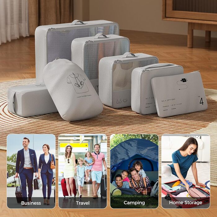 Органайзер для валізи Yomisee, Набір з 7 частин, Packwürfel Set, Органайзери для одягу в подорож, Сірий