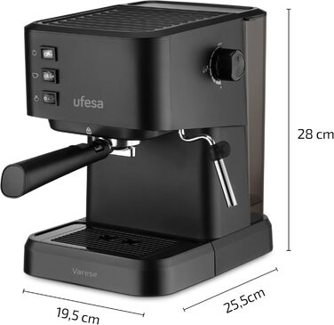 Ufesa Sienna Espresso Machine and Cappuccino Semi-Automatic Machine with Milk Frother, 20 Bar Pressure, Digital Touch Panel, 1360W, for Coffee Grounds or ESE Pads, 0.9L Water Tank, Silver (1050W | BLACK)