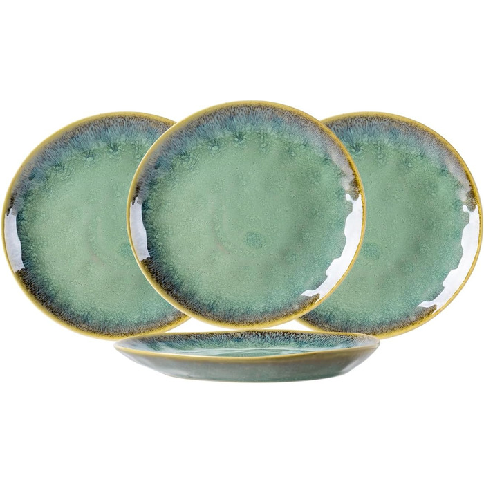 Henten Home 4-Piece Stoneware Plate Set, Green Dessert Plates, Breakfast Plates, Flat Cake Plates, Salad Plates Set for 4 People, Dinner Plate Set