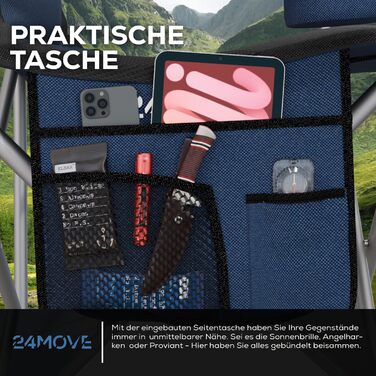 Крісло для кемпінгу 24MOVE®: складне, до 150 кг, з підлокітниками, кишенею для напоїв та сумкою, блакитне