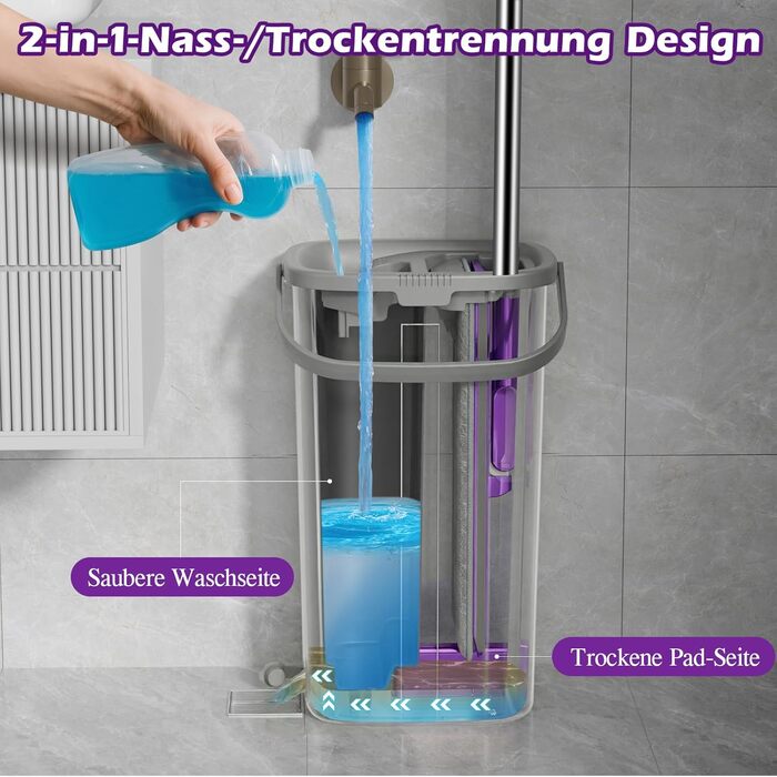 Набір для миття підлоги MASTERTOP з відром, моп з нержавіючою ручкою та 3 насадками, 2 в 1 набір відра та мопа, плоский моп з функцією віджиму для твердої підлоги, ламінату, плитки (Бежевий) (Набір для миття підлоги з відром: Фіолетовий)
