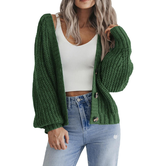 Жакет жіночий короткий в'язаний кардиган Hotouch з V-подібним вирізом, на кнопках, відкритий спереду, светр, стильний, повсякденний, (XS, Зелений)