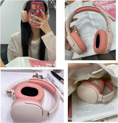 Бездротові навушники HiFi Bluetooth з активним шумозаглушенням, складні, з мікрофоном, для спорту та подорожей (рожеві)