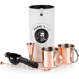 Moscow Mule Complete Set, 2 x 500 ml Cocktail Mugs, 27 cm Bar Spoon, 5cl Jigger & Black Lime Squeezer, Food-Grade, Cocktail Mug Set including Gift Box, Polished Copper