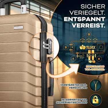 Набір валіз Tillvex® 4 шт. (S-M-L-XL) + ваги для багажу, 8 ременів та 4 бірки | Валізи на 4 колесах з TSA замком | Набір валіз з міцного пластику, колір шампань