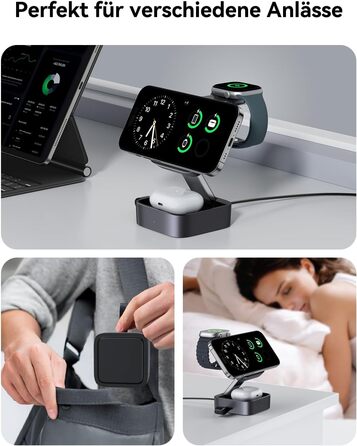 База для зарядки 3-в-1 для Apple: магнітна складна бездротова зарядка з MagSafe для iPhone 17/16/15/14/13/12, Apple Watch та AirPods Pro/4/3/2, чорний