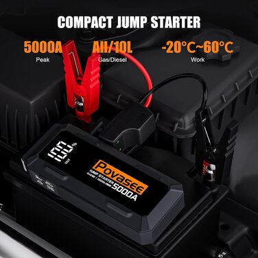 Powerbank Starthilfe Povasee UltraSafe для автомобіля 12V: Jump Starter з LED, 5000A, 2 USB-виходи (до 10л бензину/8л дизеля)