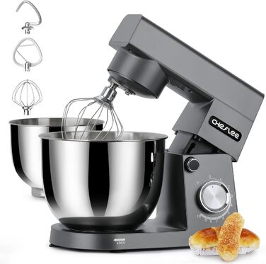 Кухонна машина Cheflee 1500W з місткими чашами 4.5 та 5.5л з нержавіючої сталі, 10+ швидкостей, набір насадок (міксер, гак для тіста, вінчик, захист від бризок) (Darkgrey)