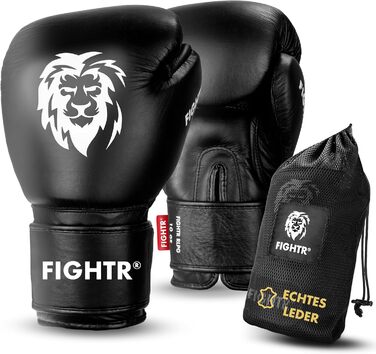Боксерські рукавички FIGHTR® Pro з натуральної шкіри для чоловіків та жінок | для боксу, ММА, муай-тай, кікбоксингу та єдиноборств | 10, 12, 14 унцій | з сумкою (Чорний)