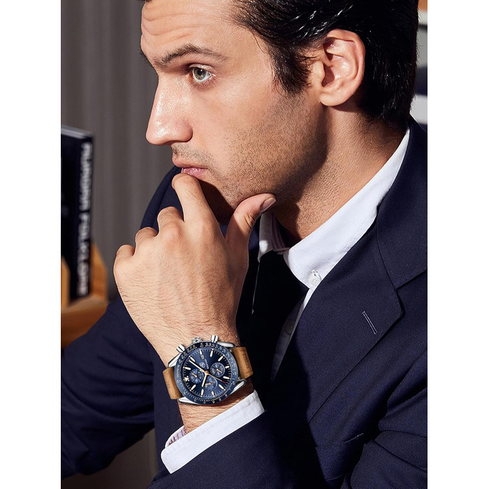 Годинник чоловічий Benyar Chronograph з кварцовим механізмом, аналоговий, з шкіряним ремінцем. Стильний дизайн для бізнесу, спорту та повсякденного носіння. Водостійкий (30M). Елегантний подарунок для чоловіків. Колір: блакитний