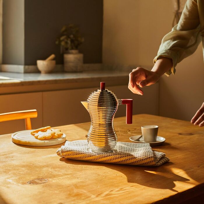 Alessi MDL02/3RFM Pulcina Espresso Machine - Cast Aluminum. Handle and Button - PA, red. Magnetic Bottom - 3 Cups