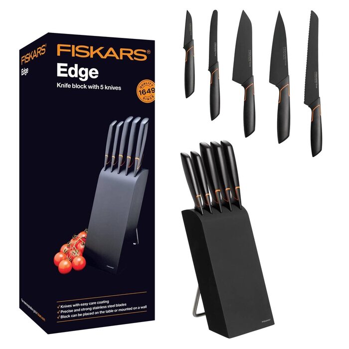 Набір ножів Fiskars Edge 5 предметів, дерев'яний блок (береза) 37 см, чорний