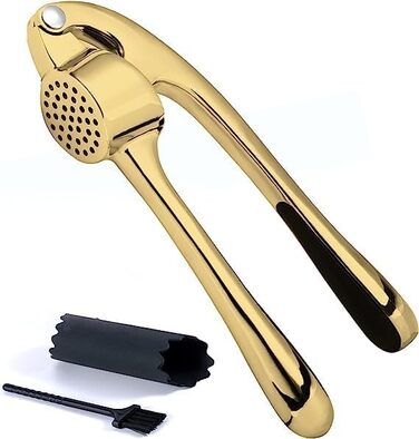 Преміум-нічна прес для часнику з нержавіючої сталі – підвищує якість вашого кулінарного досвіду. Набір прес, подрібнювач та лущильник часнику, стійкий до миття в посудомийній машині та нержавіючий (Золото)