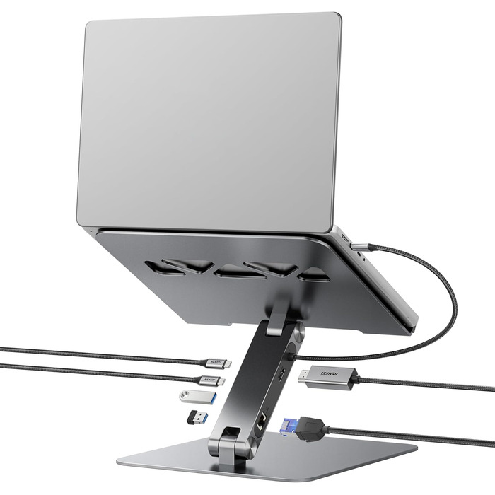Підставка для ноутбука BENFEI з док-станцією USB-C 6-в-1: HDMI (4K@60Hz), Gigabit LAN, 100W Power Delivery, 10Gbps (1x USB-C 3.2 & 2x USB-A 3.2) – сумісна з MacBook Pro/Air, iPad Pro, XPS, ThinkPad
