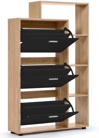 Shoe cabinet KLARK for 18 pairs, beechwood imitation finish, 3 black doors with shelf