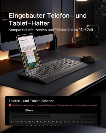 Inateck Бездротовий Комплект Клавіатури та Миші з Підсвічуванням, QWERTZ, з Підтримкою Bluetooth, з Підкладкою під Руку, для Mac, Windows, Laptop, PC, Smart TV, KB06006