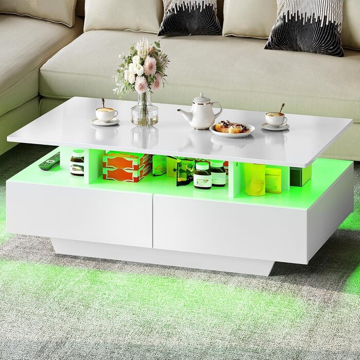 Журнальний стіл YITAHOME білий, глянець, з LED-підсвіткою 16 кольорів, сучасний стіл для вітальні з відкритою полицею і 4 висувними шухлядами, 90x55x41,1 см
