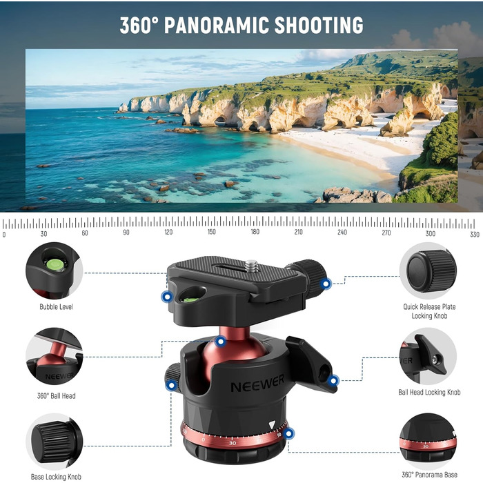 Штатив для камери NEEWER Basics з моноподом, 71' алюмінію, важкий, портативний, для подорожей, DSLR, мобільний, з кульковою головкою 360°, тримач для iPhone, для зйомки відео