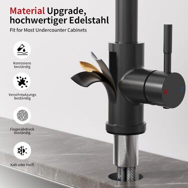 Чорний кухонний змішувач Rainsworth з висувною лійкою та душем, високий (56 см), з двома типами струменя, 360° оберт, з нержавіючої сталі, проста установка