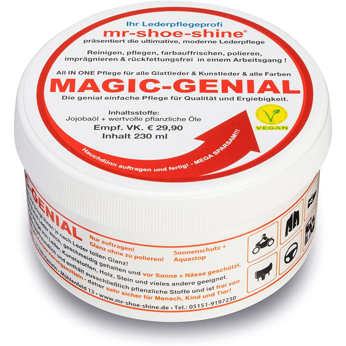 mr-shoe-shine Magic-Genial Universal Care for Leather, Wood, Natural Stone, Plastic & more, residue-free application, 100% vegan, color and odor neutral