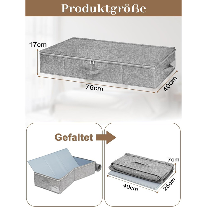 Коробки для зберігання під ліжко MePure, сірі, 2 шт. – 50л, з кришкою та блискавкою, для одягу, ковдр, постільної білизни, подушок, 76×38×17 см