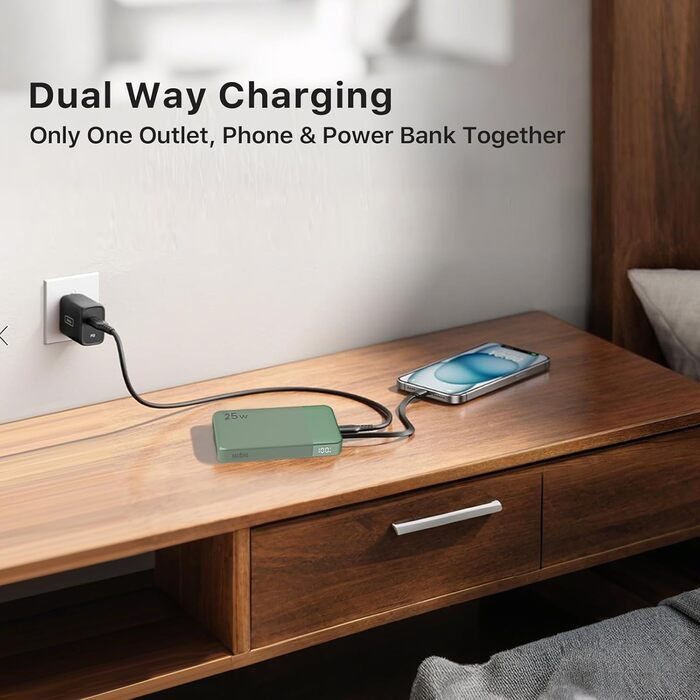 Power Bank Nobis 10000mAh 25W з USB-C кабелем, цифровою індикацією, зелений