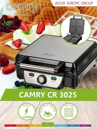 Adler Camry 4-Waffle Maker - 1500W Power, Adjustable Temperature, Black & Silver