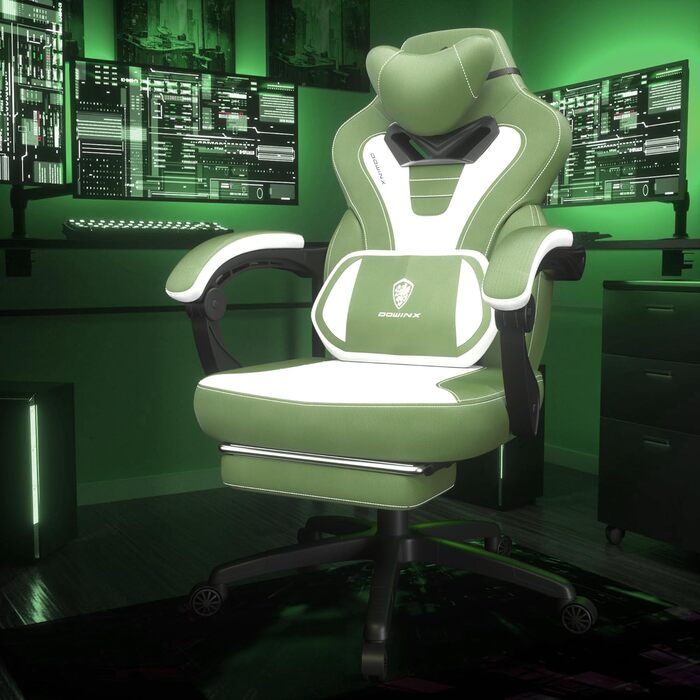 Dowinx Gaming Chair Fabric with Footrest, Large and High Gaming Chair for Heavy People, Computer/PC Gamer Chair for Adults with Massage (Green) Fabric Green