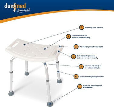 Dunimed Душовий табурет, висота 39-52 см, протиковзкий, без спинки, регульований, сидіння для ванної кімнати