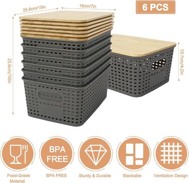 UHAPEER Storage Box with Bamboo Lid, 6 Pack Storage Basket, Plastic Basket Storage, Kitchen Organizer White, Stackable Storage Boxes, Box with Lid 25.6 x 18 x 10.7 cm (Gray)