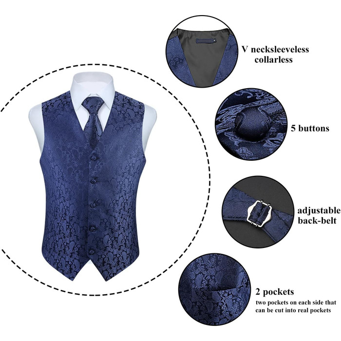 Костюмний жилет для чоловіків Enlision: Жилет та краватка з павальовим принтом, нагрудна хустинка, флоковий жакард, набір для весілля/вечірки, темно-синій, розмір M