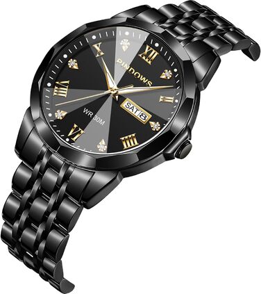 Годинник чоловічий PINDOWS Luxus Quarz аналоговий з датою та великим циферблатом, водостійкий, модний, бізнес-стиль. Елегантний двоколірний годинник з нержавіючої сталі з підсвічуванням календаря De650n1: Чорний