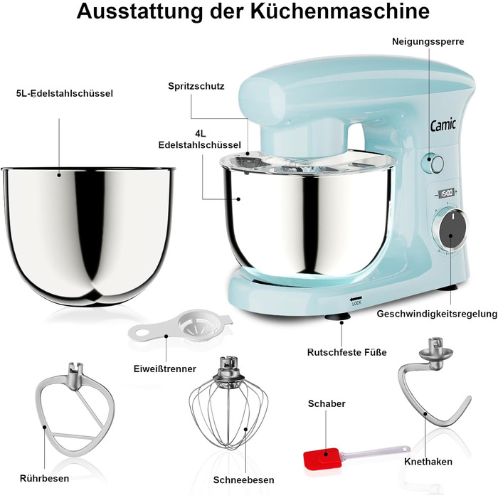 Кухонний комбайн-міксер Camic з LED-дисплеєм, 10 швидкостями та 2 чашами з нержавіючої сталі (4Л та 5Л), набір з 3 аксесуарів для тіста, хліба та тортів, синій