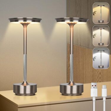 Rosnek LED лампа настільна акумуляторна, 3 режими кольору, регулювання яскравості, сенсорне управління, USB-C, металева, срібна, 2 шт.