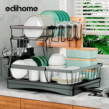 Сушарка для посуду edihome з нержавіючої сталі, 2-рівнева з підставкою для столових приборів, стійка для кухонної стільниці, міцна конструкція