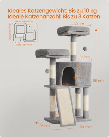 Дряпальня для котів Feandrea, кігтеточка з платформою, м'який плюш, сірий колір, 115 см, повністю обмотана сизалем, 50L x 35B x 115H см