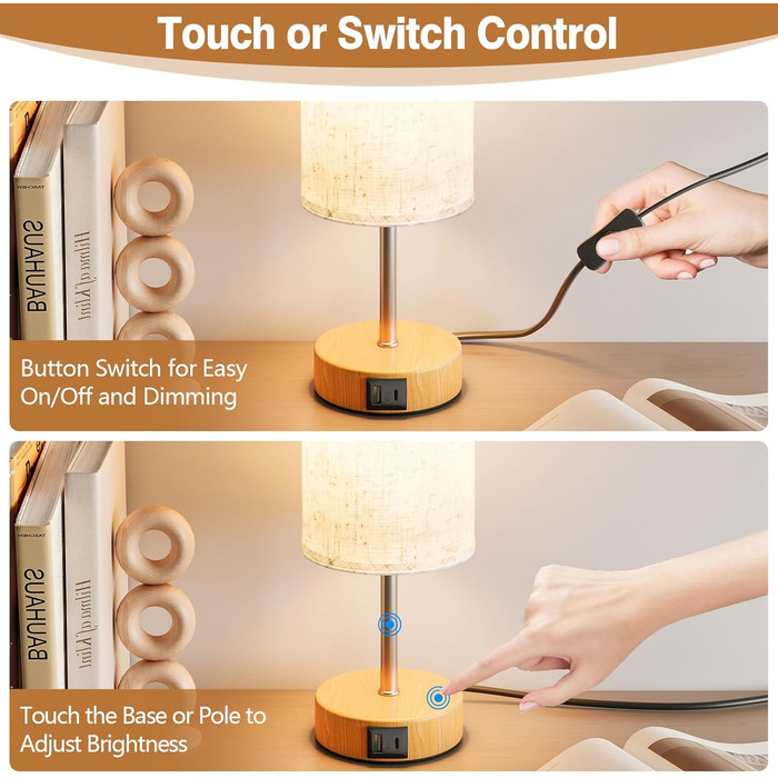 Нічна лампа UPXNBOR з USB-A та USB-C зарядкою, торшер з сенсорним керуванням та 3 рівнями тепла, для спальні та вітальні (E27 лампочка в комплекті), тканинний абажур