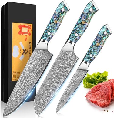 Набір кухонних ножів Damast Santoku 3 шт. з лезом 18 см (VG-10 сталь, ручка Abalone), подарункова коробка