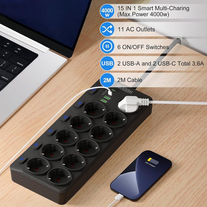 Мережевий фільтр HEEKIM з USB, 11 розеток, 2 USB-A та 2 USB-C, 4000W, 16A, з індивідуальним вимикачем, 2м кабель, для дому, школи, офісу, чорний