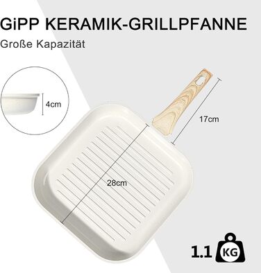 GiPP Гриль-сковорода 28x28 см для стейків, алюмінієва з гранітним антипригарним покриттям, індукція, без PFOA, для всіх плит, біла