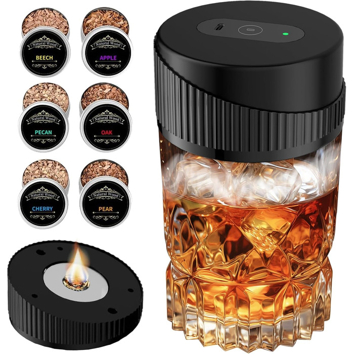 Портативний електричний димогенератор для віскі - багатофункціональний набір для коктейлів з 6 дерев'яними трісками (без бутану) з вбудованим запальничкою