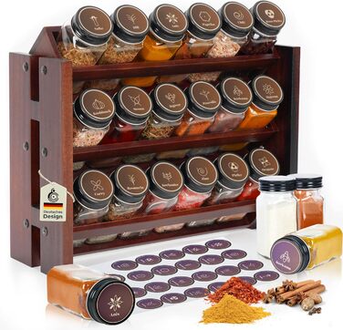Elegant dark spice rack, wood, standing & wall mounted. 18 SPICE JARS, 25 LABELS. Spice organizer, spice rack, kitchen shelf, wood, vintage. Spice rack - spice rack system hanging - spice storage