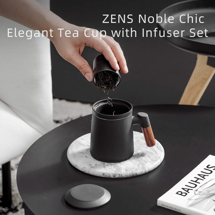 ZENS Teacup with Lid and Infuser, 360 ml Wooden Handle Tea Cup with Tea Strainer and Lid for Loose Leaf Tea, Matte Ceramic Tea Cups Gifts for Tea Lovers, Hand-Sprayed Black Glaze