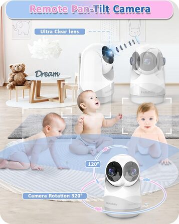 Відеоняня HelloBaby з камерою, до 29 годин роботи від акумулятора, кут огляду 318°/120°, 2x зум, інфрачервона нічна зйомка, ECO-режим, до 300 метрів, двостороння зв'язок